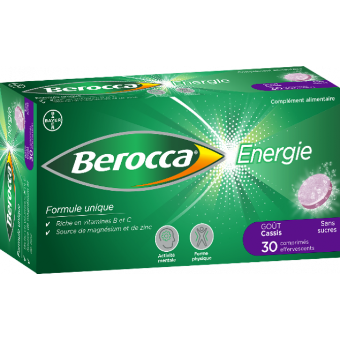 Bayer - Berocca Energie Goût Cassis, 30 comprimés effervescents   Comprimés effervescents goût Cassis pour aider à lutter contre la fatigue passagère, l'anxiété et le stress. 